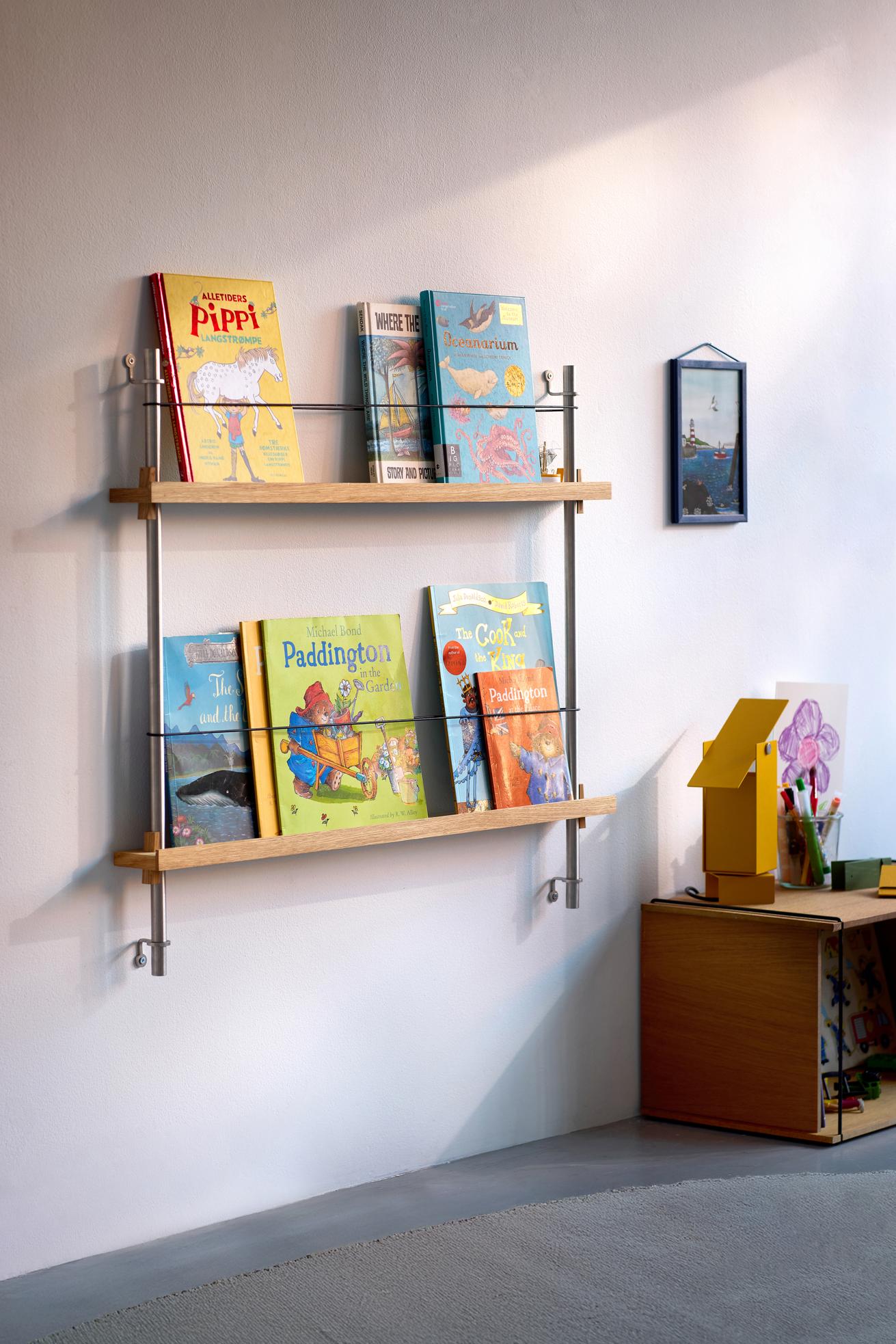 Moebe Magazine Shelving Set Ms.115.2, Oak Shelves/Stainless Steel Legs