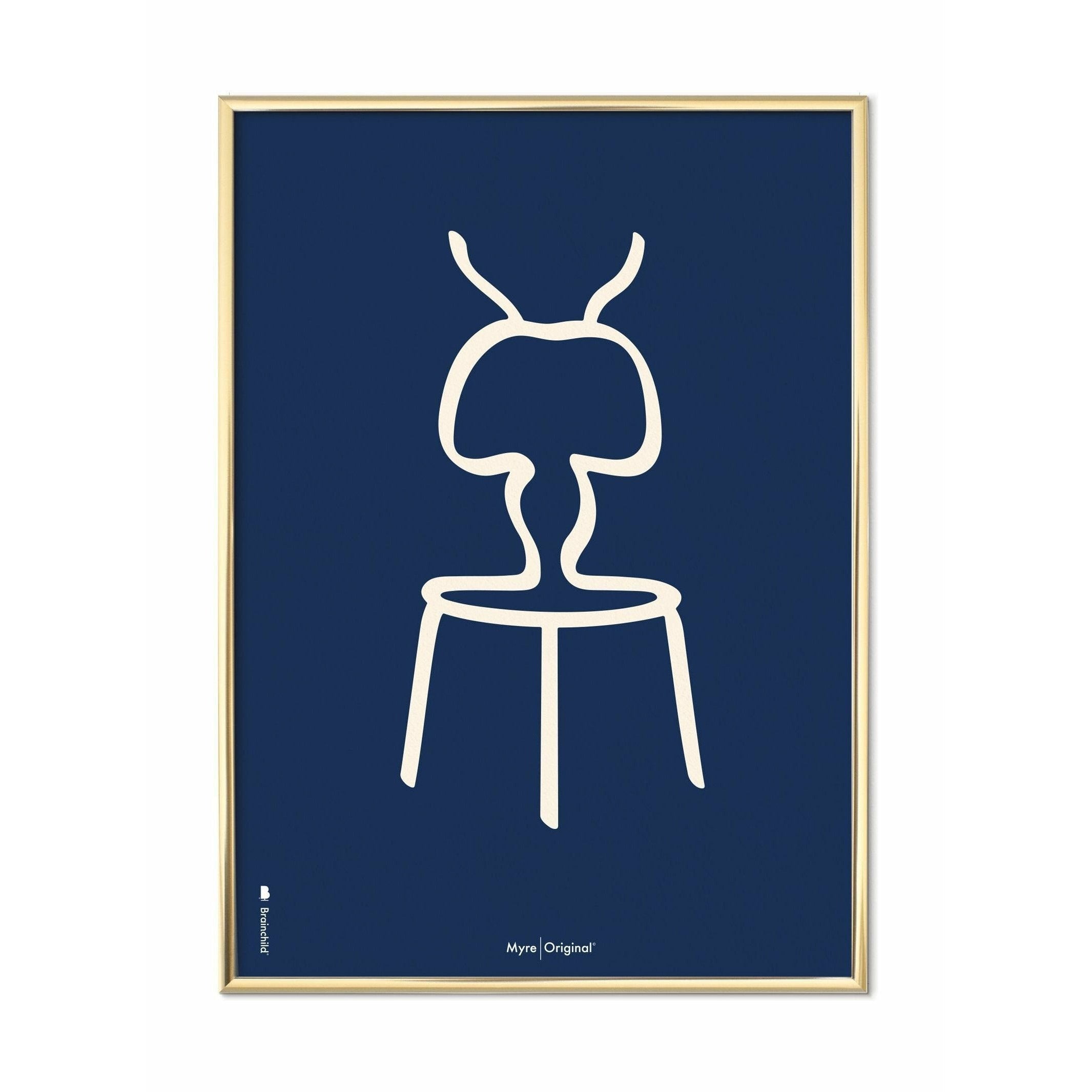 [product_category]-Brainchild Ant Line Poster, Brass Colored Frame 50x70 Cm, Blue Background-Brainchild-B-41003-D-BRA-1