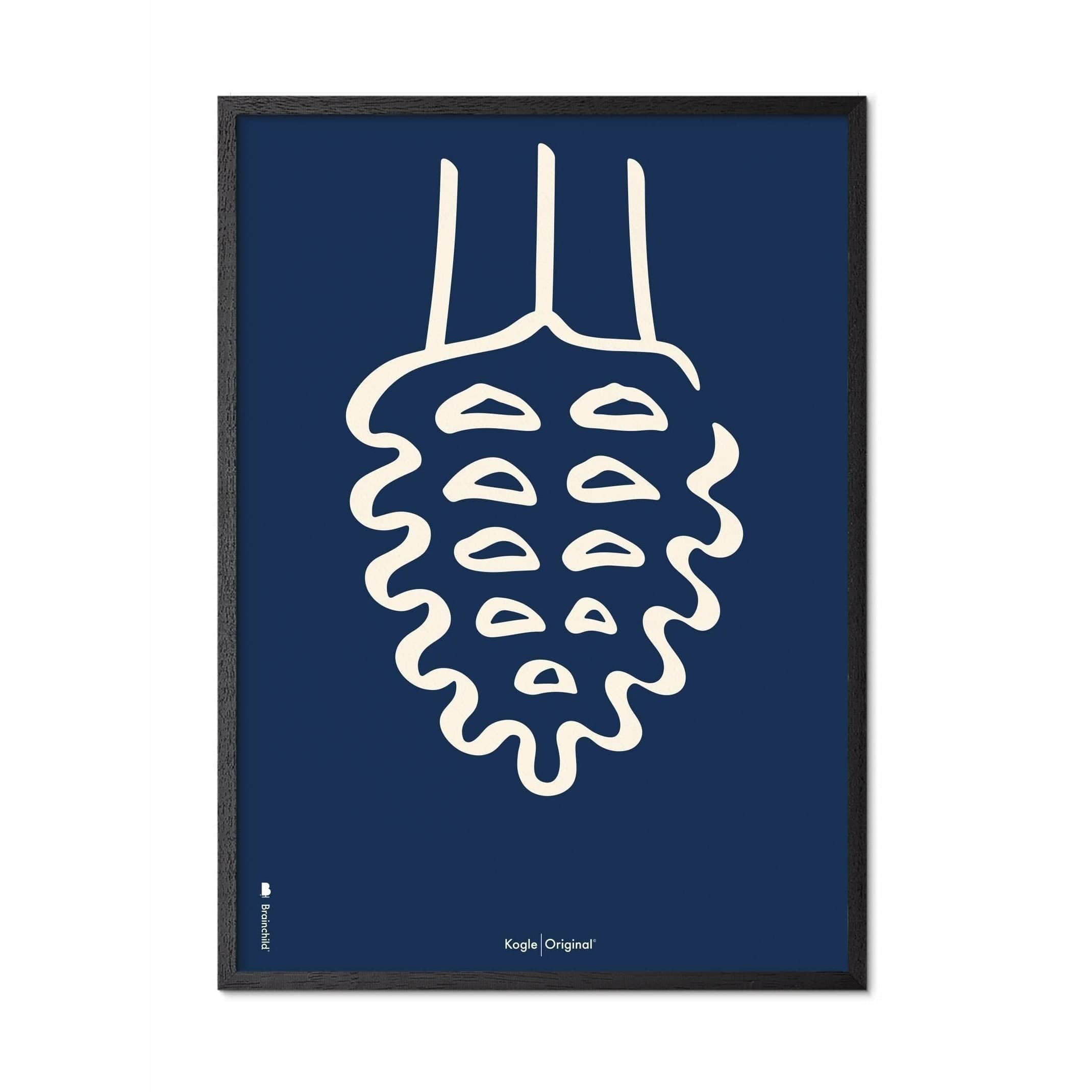 [product_category]-Brainchild Pine Cone Line Poster, Frame In Black Lacquered Wood 30x40 Cm, Blue Background-Brainchild-B-21002-C-BRA-1