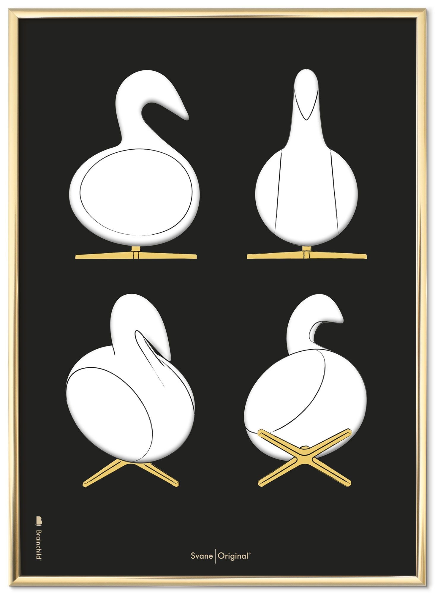 [product_category]-Brainchild Swan Design Sketches Poster Frame Made Of Brass Colored Metal 70x100 Cm, Black Background-Brainchild-S-240004-D-BRA-1