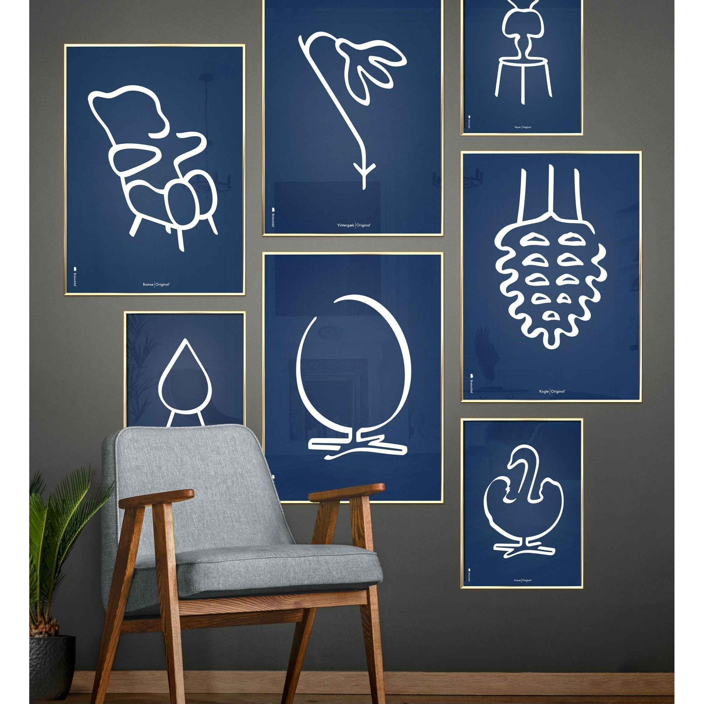 [product_category]-Brainchild Swan Line Poster, Brass Colored Frame A5, Blue Background-Brainchild-B-31001-D-BRA-2