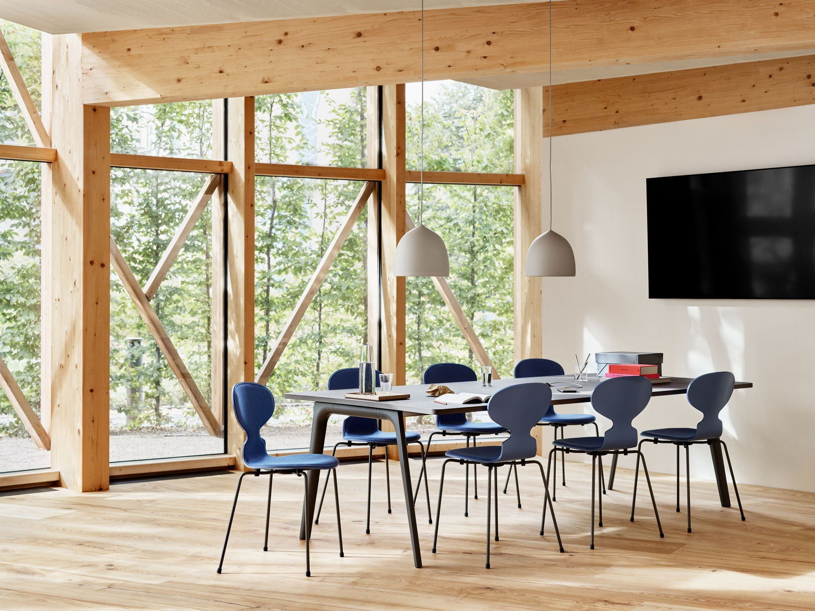 [product_category]-Fritz Hansen 3101 Ant Chair Front Upholstered, Shell: Colored Veneer Black, Upholstery: Vanir Textile Black/Grey, Base: Steel/Chrome-Fritz Hansen-3101-Colored-Black-Vanir-Light-Blue-Chrome-FRI-1