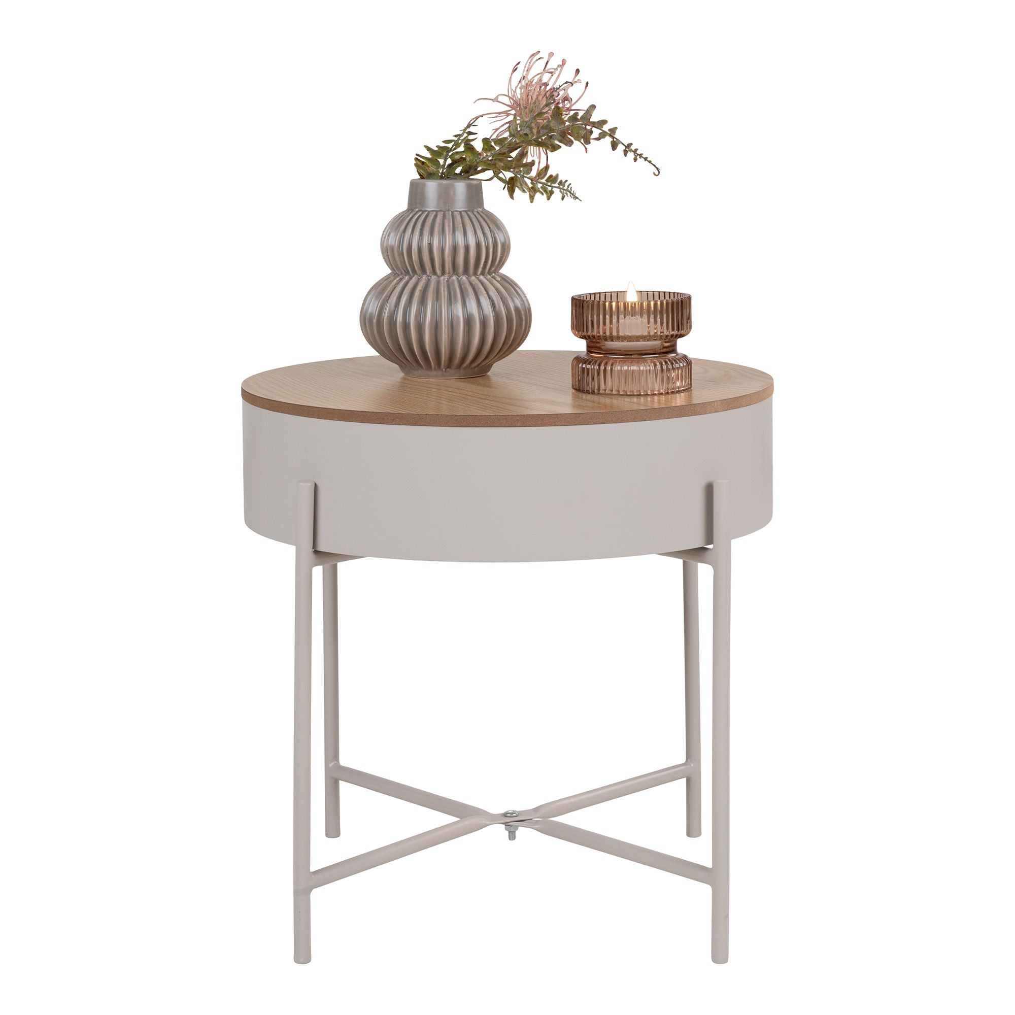 House Nordic Sisco Side Table, Beige Light Grey Steel, Natural Top, ø40x40 Cm