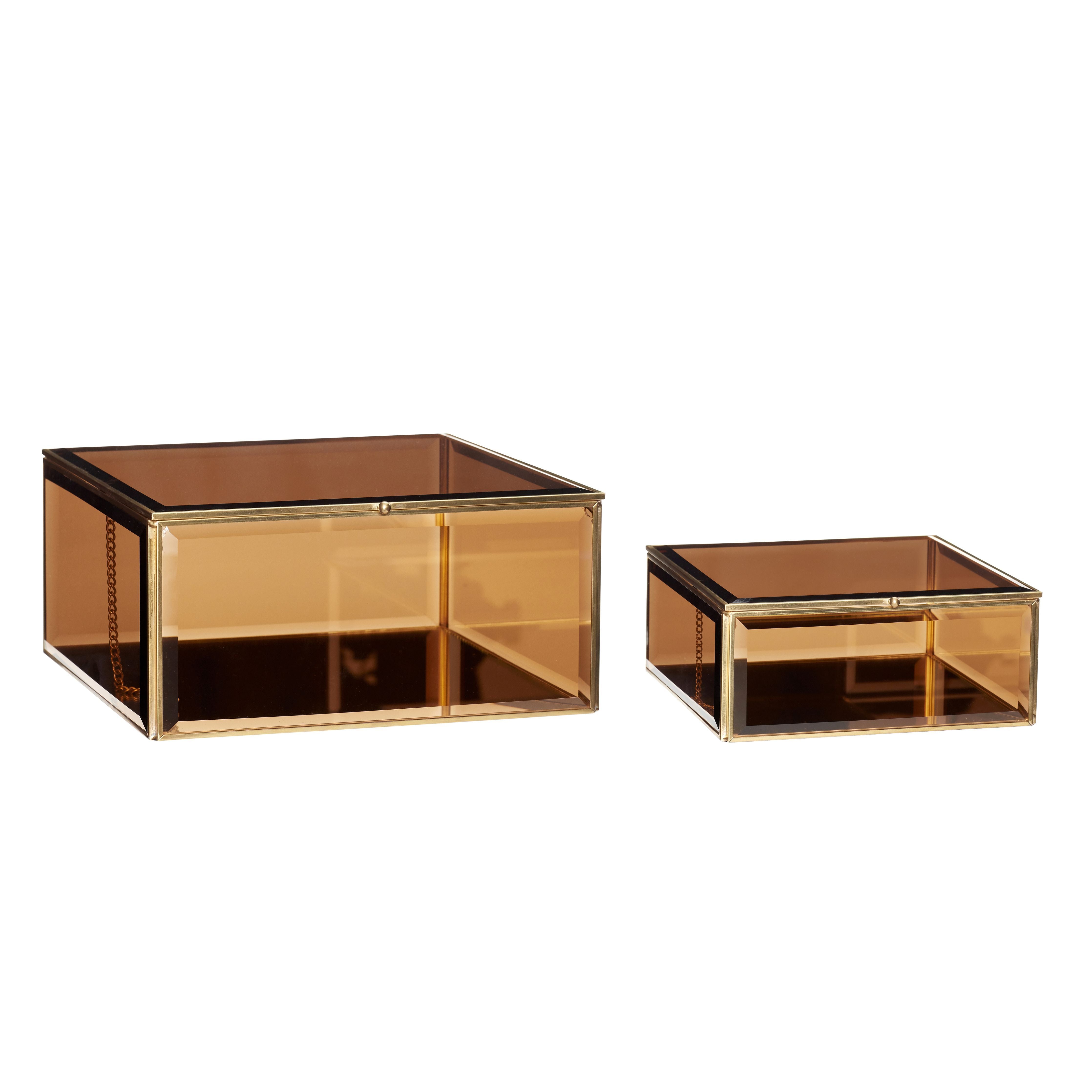[product_category]-Hübsch Tint Glass Box Glass/Mirror/Metal Brown/Brass S/2, 21/25x21/25x9/12 Cm-Hübsch-5712772101681-151201-HUB-1