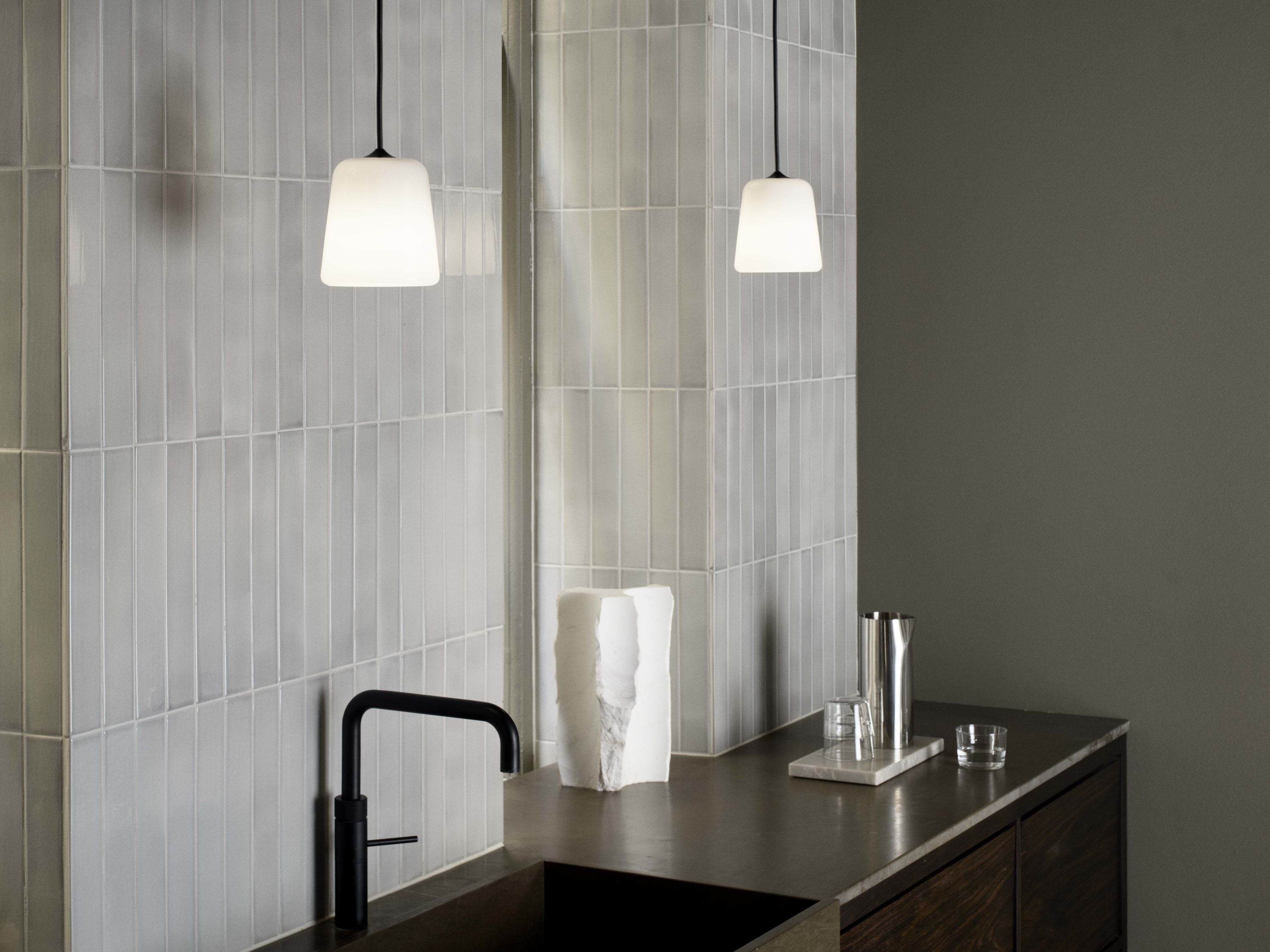 New Works Material Pendant White Opal Glass/Black Fitting